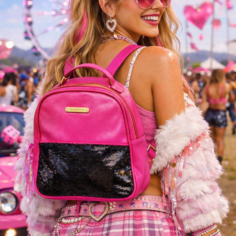 Juicy Couture Pink Mini Backpack Black Sequin Front Gold Hardware Y2K Glam Bag - Picture 7 of 7
